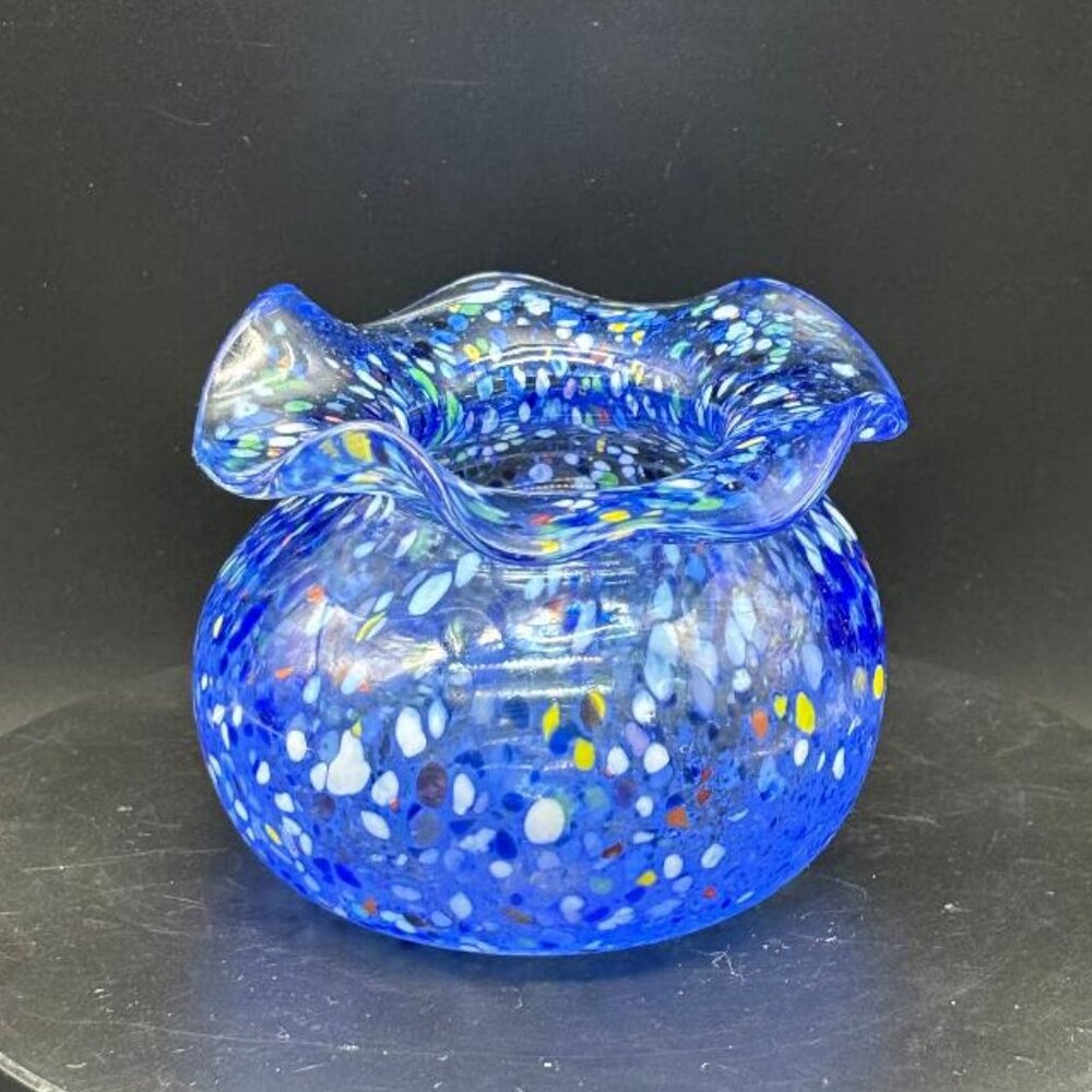 Vintage Signed Blue/Multi Art Glass Rippled Confetti Vase Signed by the Artist
